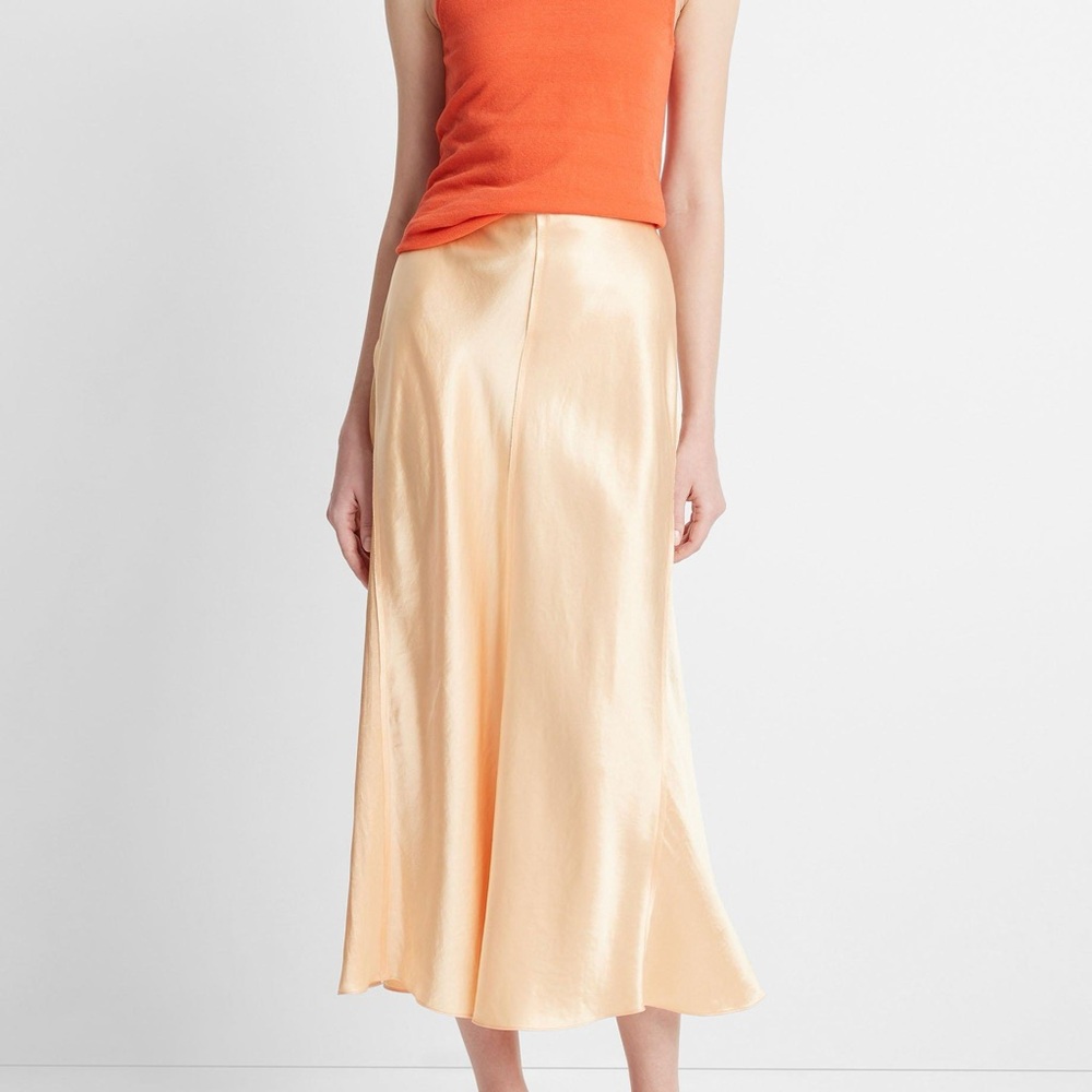 VINCE Satin Raw-Edge Paneled Slip Skirt